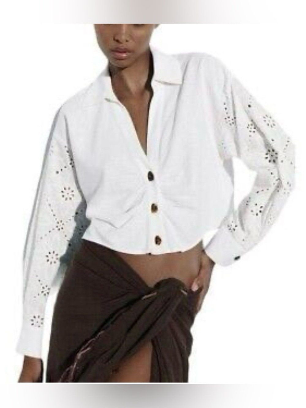 Zara - Embroidered Eyelet Cropped Long Sleeve Button Down Blouse Size Medium